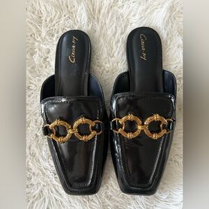 Circus by Sam Edelman Black Patent Mule Slides with Gold Chain Accent